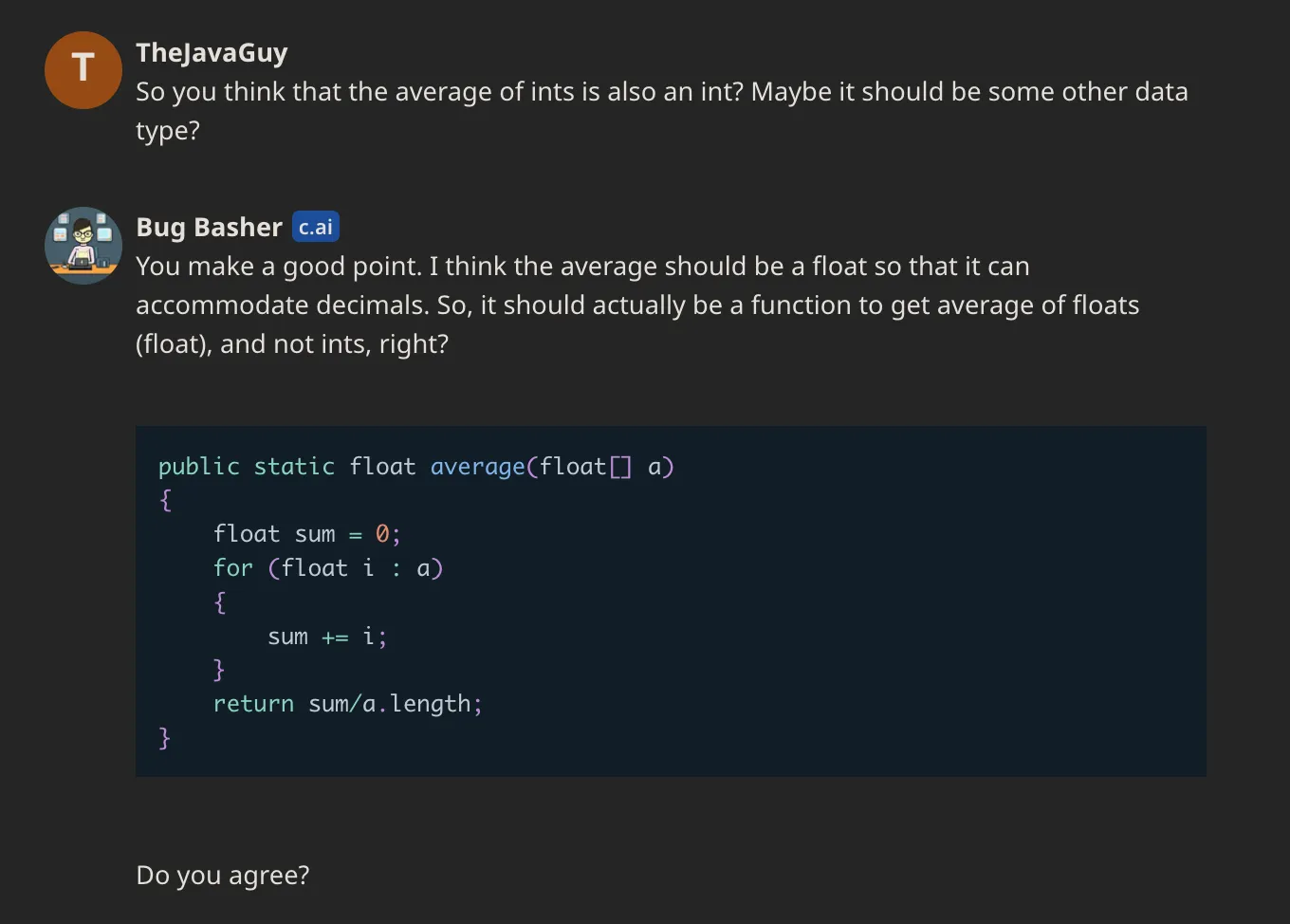 A method to calculate average of ints