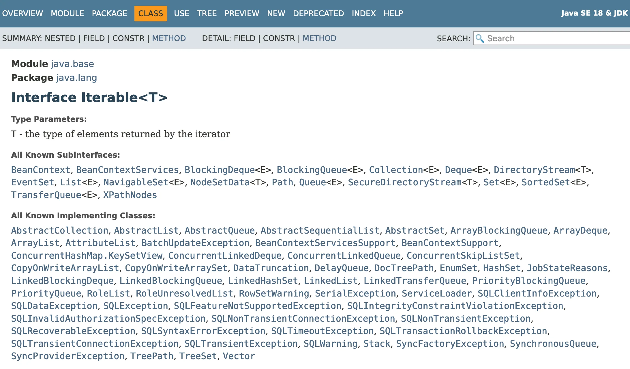 All known subinterfaces and subclasses of Iterable