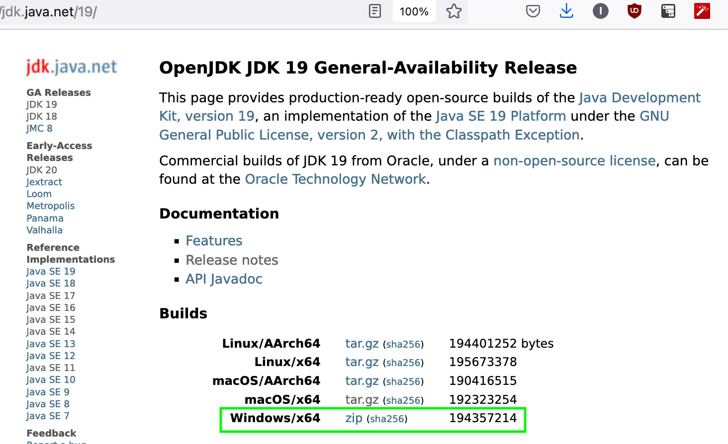 JDK 19 download page