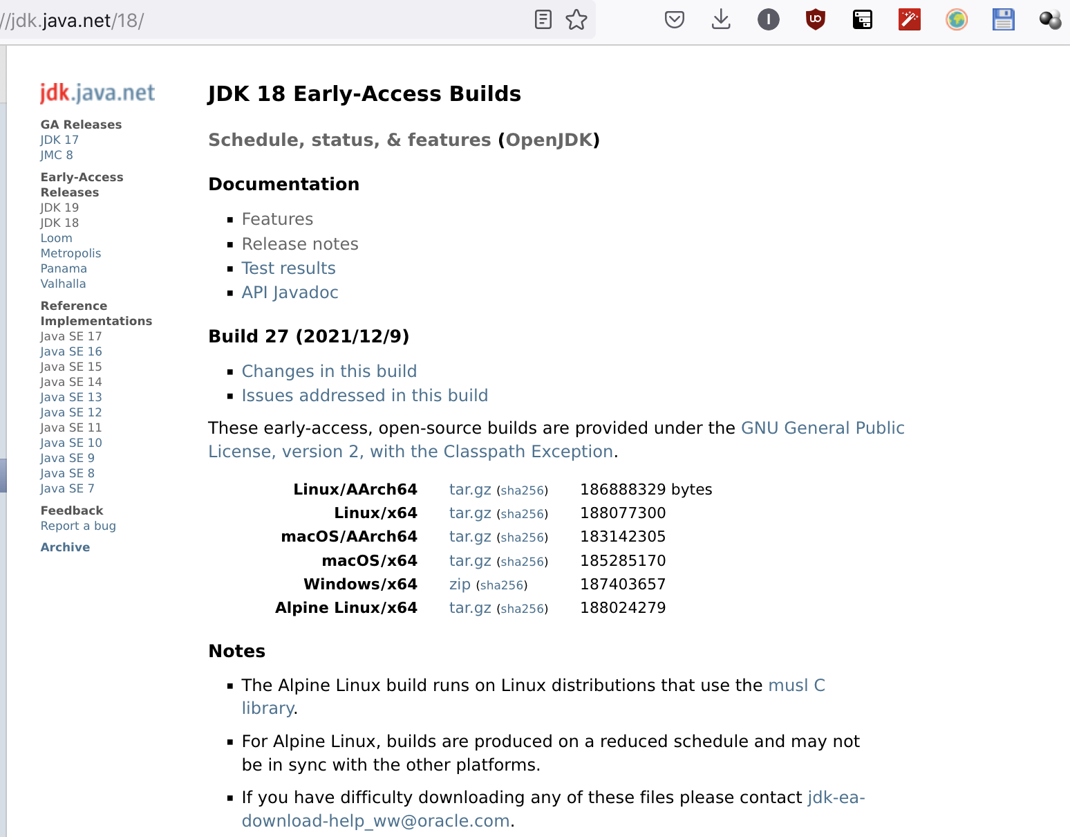 JDK 18 download page