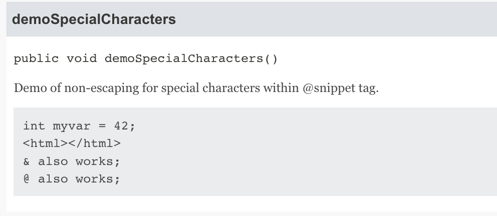 using special characters in @snippet tag