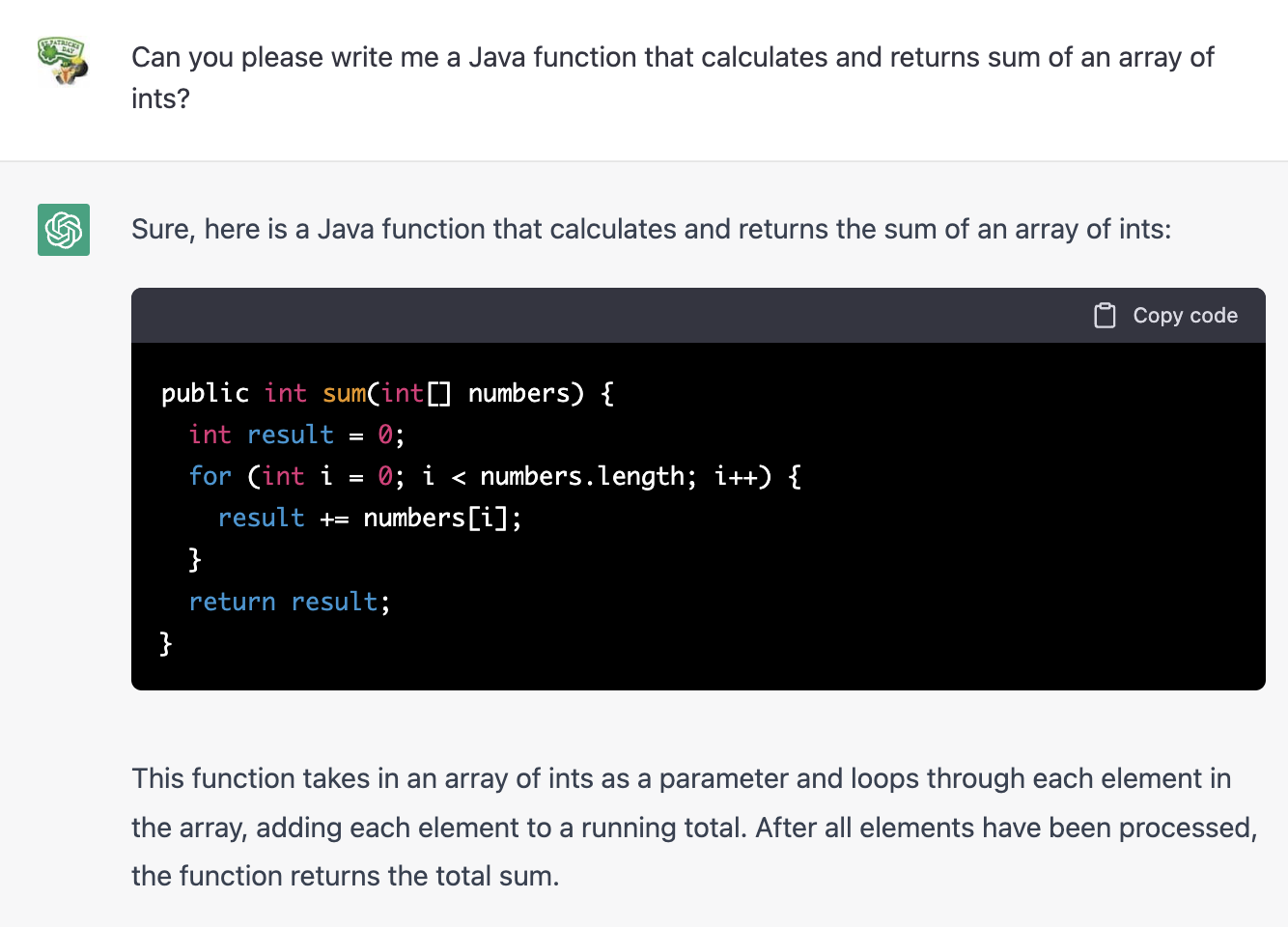 A method to calculate sum of an array of ints