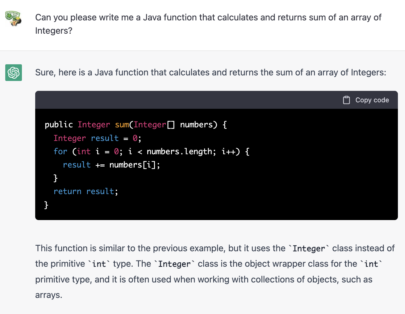 A method to calculate sum of an array of Integers