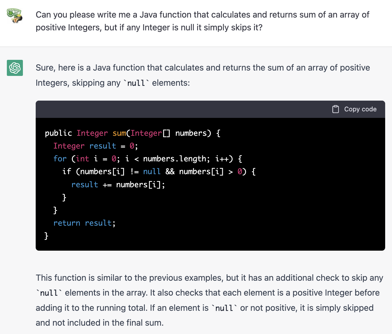 A method to calculate sum of an array of positive Integers skipping nulls