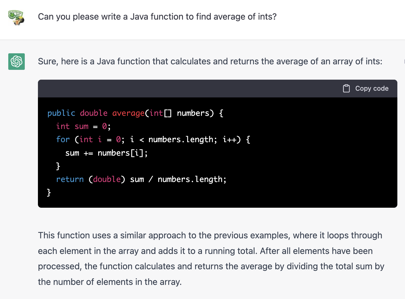 A method to calculate average of ints