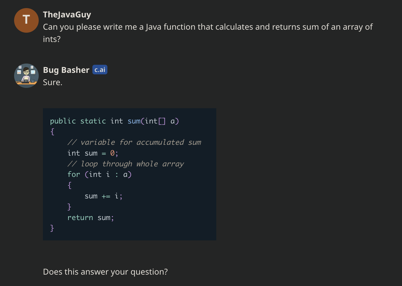 A function to calculate sum of an array of ints