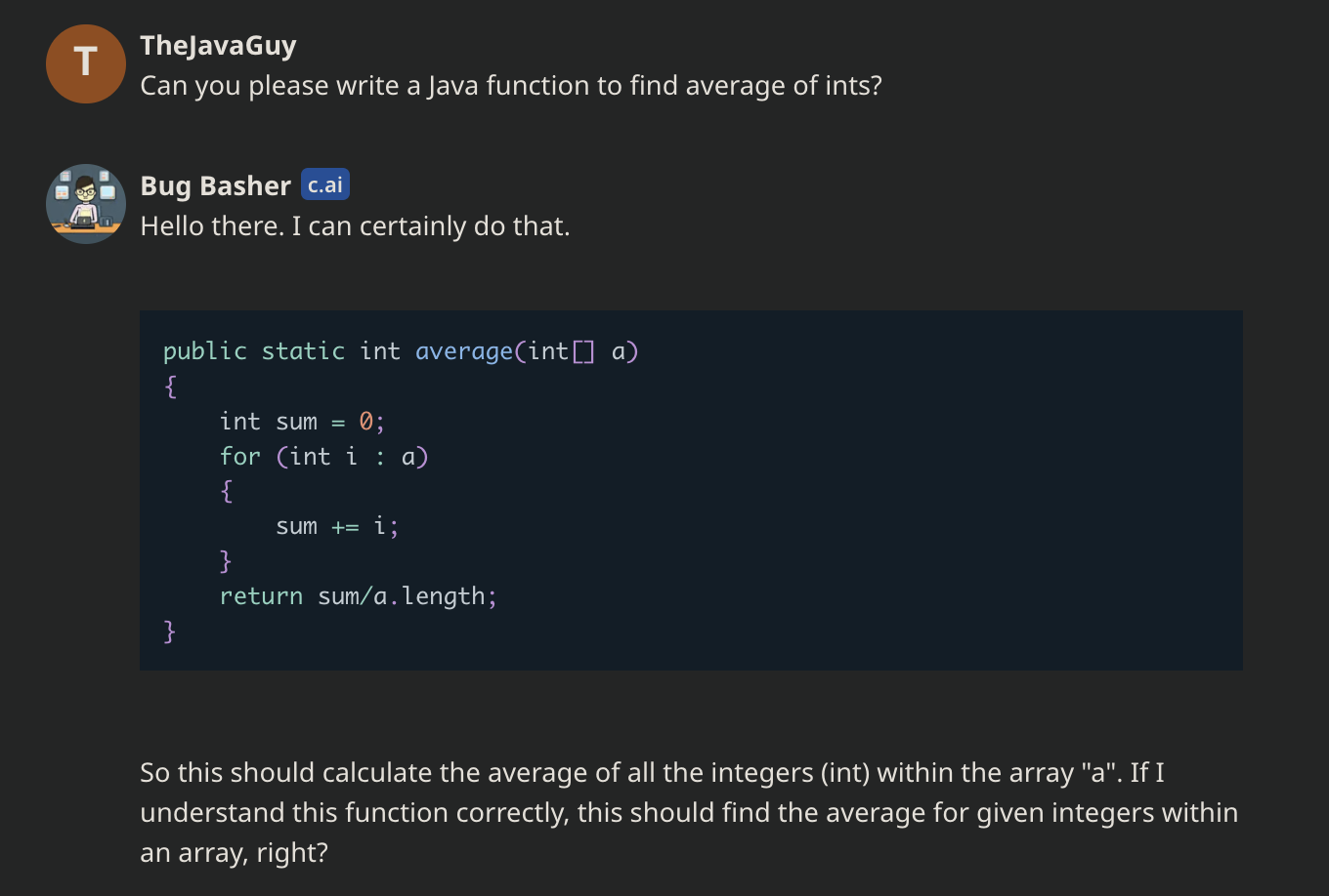 A method to calculate average of ints