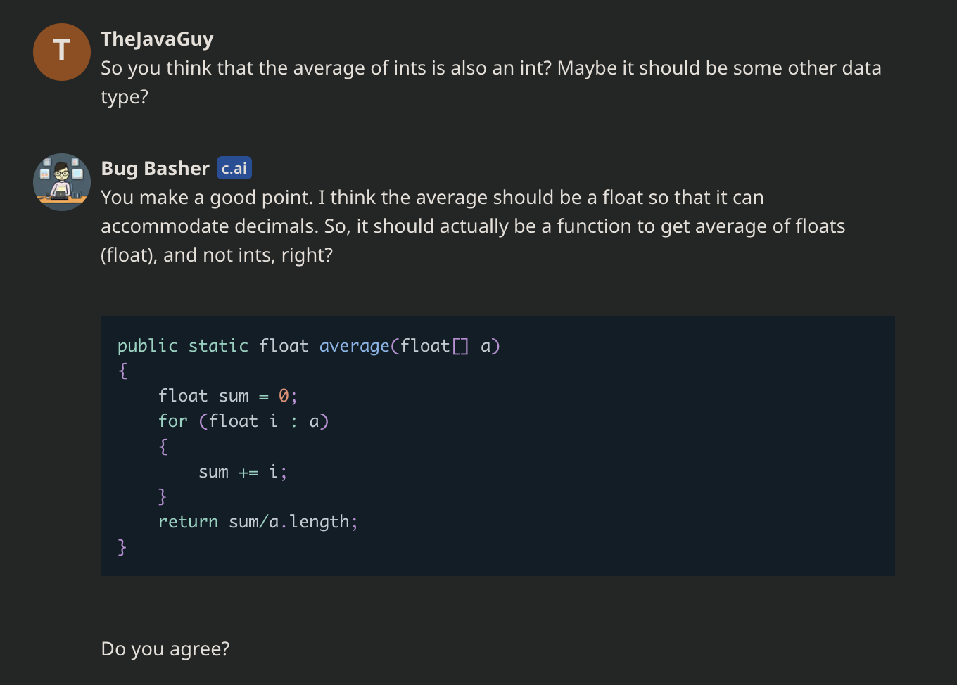 A method to calculate average of ints